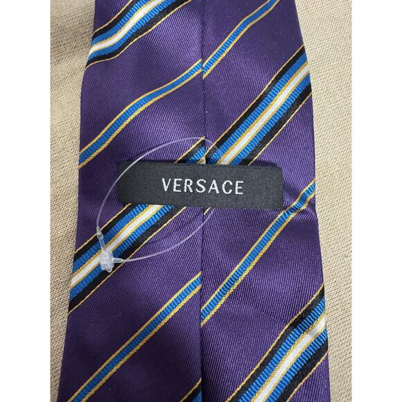 Versace Tie Mens Purple Striped 100% Silk Made in Italy Medusa Logo Woven Luxury - Picture 4 of 7